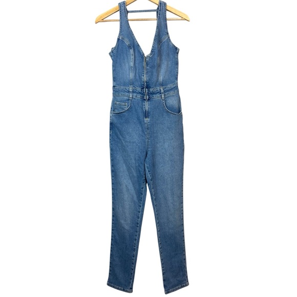 Free People Pants - We the free front zip backless Blue Denim Jumpsuit